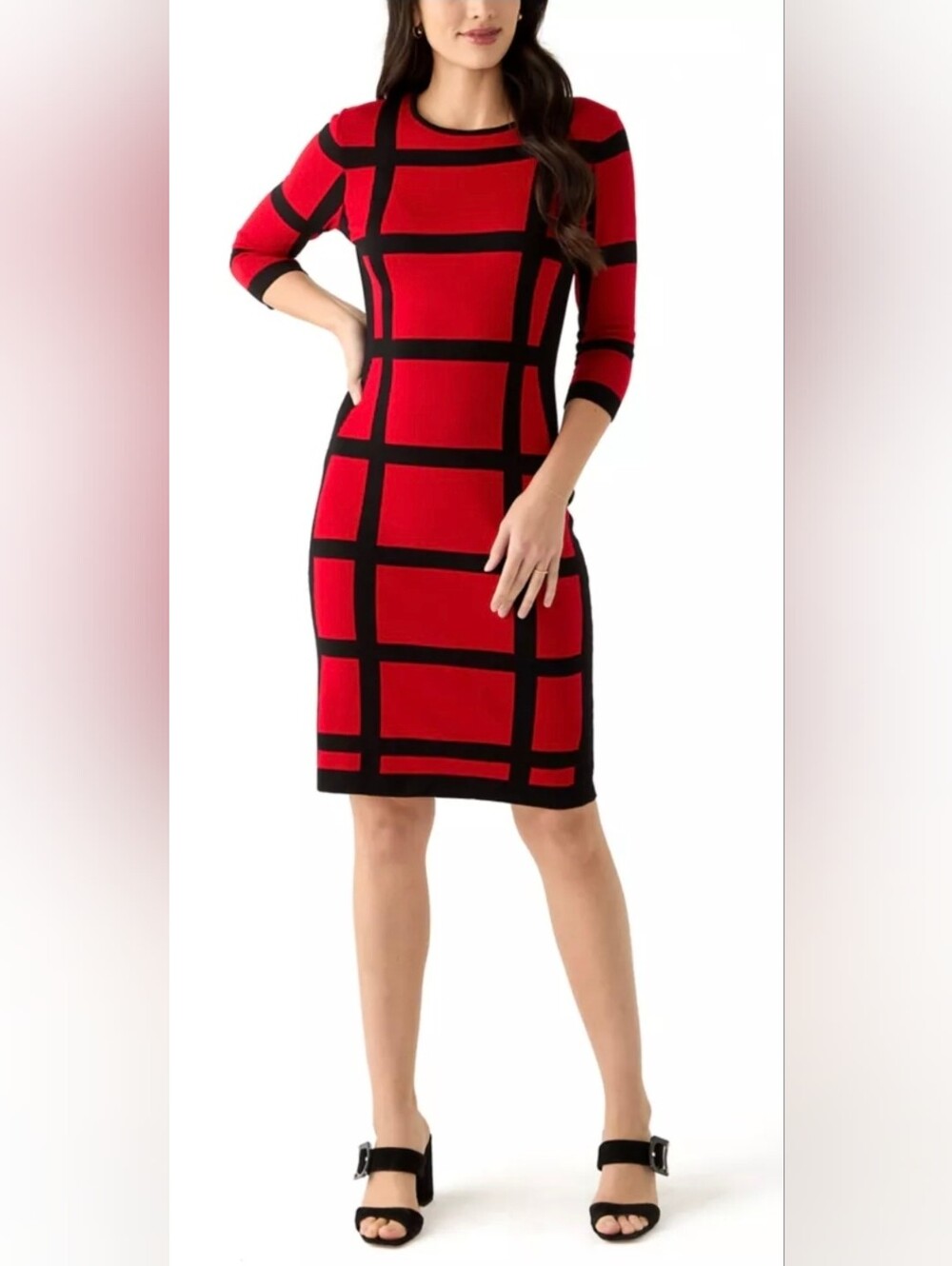 Danny & Nicole Red and Black Grid-Print Midi Sheath Dress